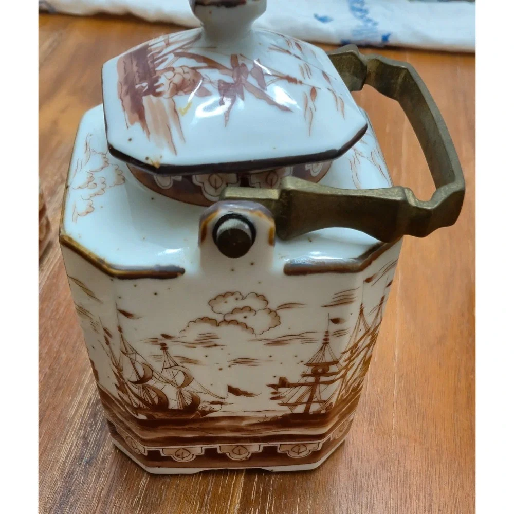 Japan Tea Set Vintage 40s 50s White Brown Nautical Ship Tea Caddies Teapot